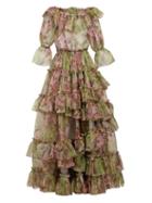 Matchesfashion.com Dolce & Gabbana - Tiered Rose Print Silk Blend Organza Gown - Womens - Green Multi