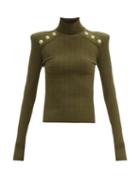 Matchesfashion.com Balmain - Padded-shoulder Rib-knitted Roll-neck Sweater - Womens - Khaki