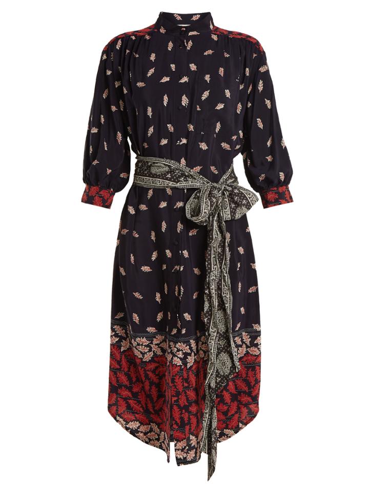 Sea Obi Leaf-print Tie-waist Silk Dress