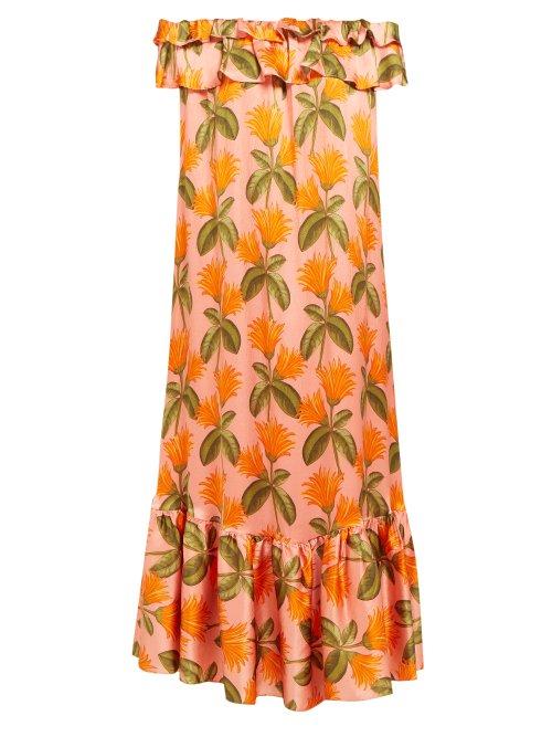 Matchesfashion.com Borgo De Nor - Agata Floral Print Silk Satin Midi Dress - Womens - Orange Multi
