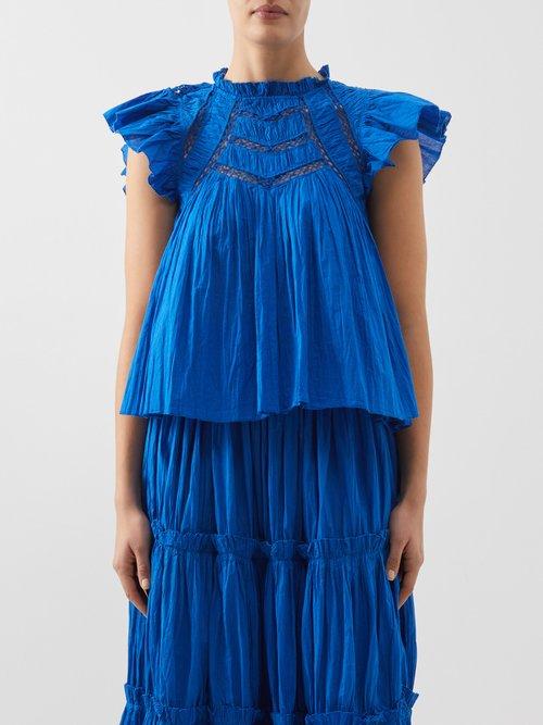 Sea - Paco Ruffled Organic-cotton Top - Womens - Blue