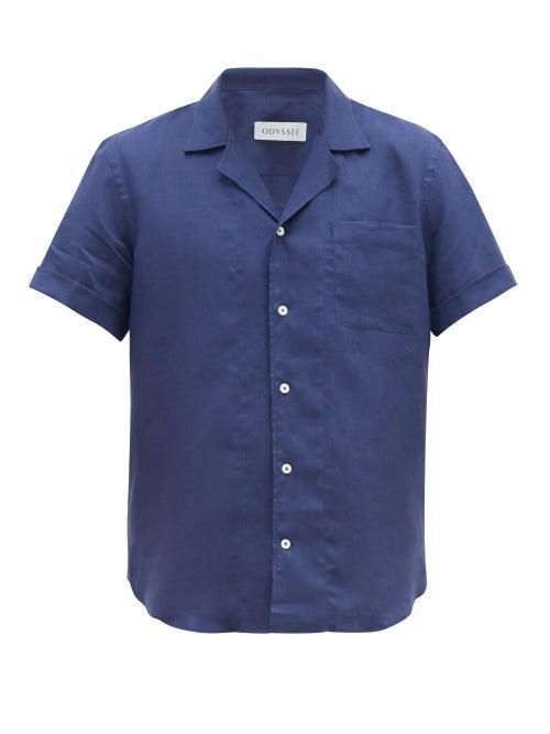 Matchesfashion.com Odyssee - Bastide Cuban Collar Slubbed Linen Poplin Shirt - Mens - Navy
