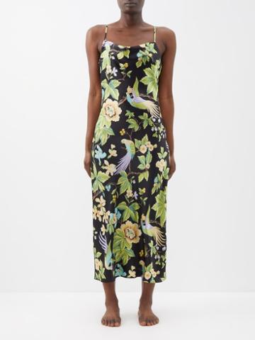 Olivia Von Halle - Bibi Floral-print Silk Midi Slip Dress - Womens - Black Floral