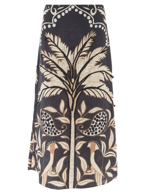 Johanna Ortiz - Day From Night Embroidered Linen Skirt - Womens - Black Multi