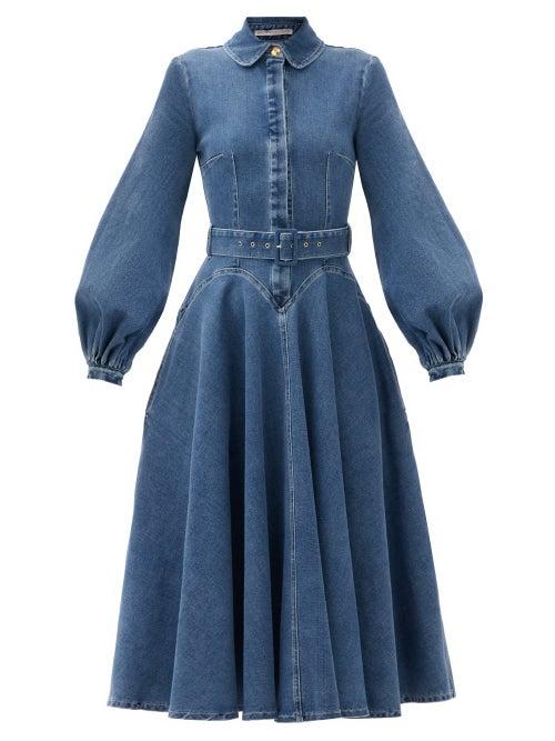 Matchesfashion.com Emilia Wickstead - Jewel Belted Balloon-sleeve Denim Dress - Womens - Denim