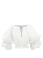 Aje - Impression Cropped Puff-sleeve Crepe Blouse - Womens - Ivory