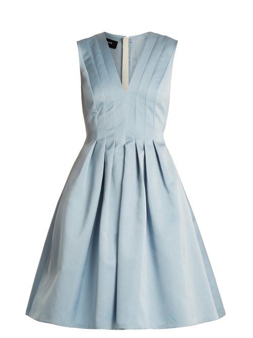 Matchesfashion.com Rochas - V Neck Pleated Duchess Satin Dress - Womens - Light Blue