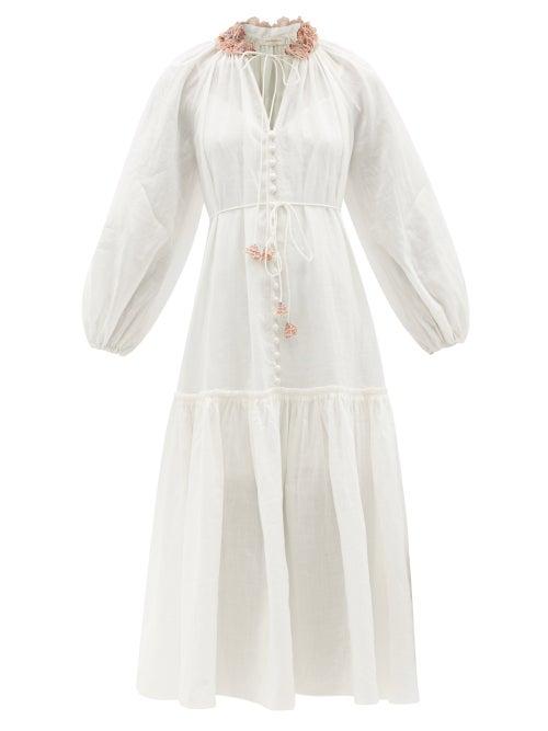 Zimmermann - Postcard Ruffle-collar Ramie Midi Dress - Womens - Ivory