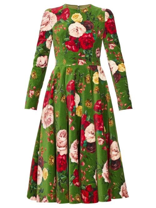Matchesfashion.com Dolce & Gabbana - Rose Print Cotton Blend Velvet Dress - Womens - Green Multi