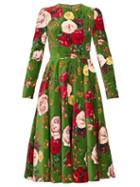 Matchesfashion.com Dolce & Gabbana - Rose Print Cotton Blend Velvet Dress - Womens - Green Multi