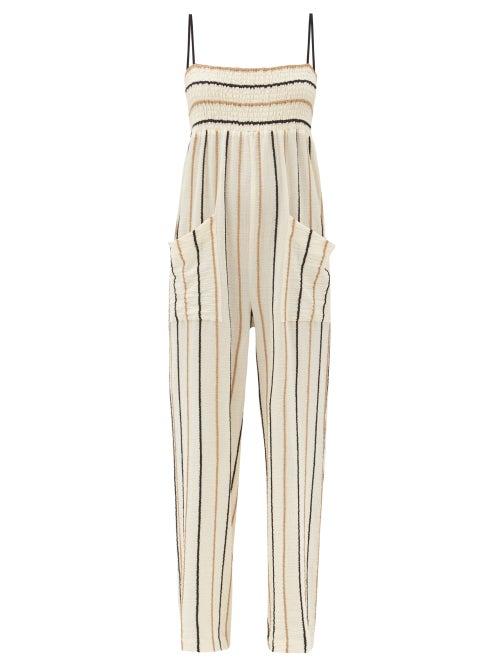Matchesfashion.com Three Graces London - Tallie Smocked Cotton-blend Cheesecloth Jumpsuit - Womens - Yellow Stripe
