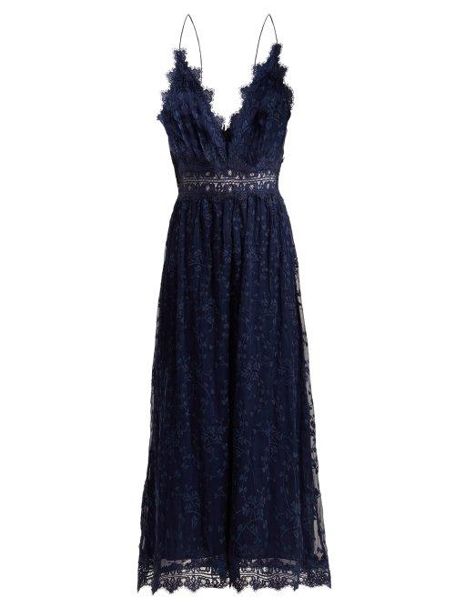 Matchesfashion.com Zimmermann - Castile Antique Lace Trimmed Silk Jumpsuit - Womens - Navy