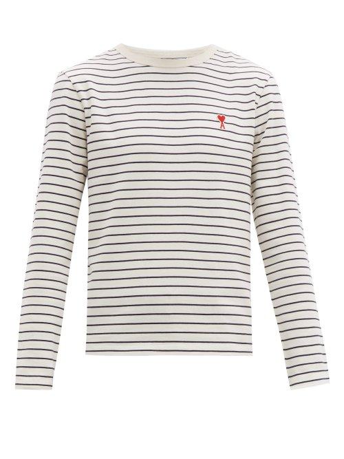 Matchesfashion.com Ami - Logo Patch Striped Cotton Long Sleeved T Shirt - Mens - White Multi