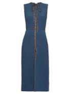 Matchesfashion.com Fendi - Ff Logo-trimmed Tie-neck Wool Midi Dress - Womens - Navy Multi