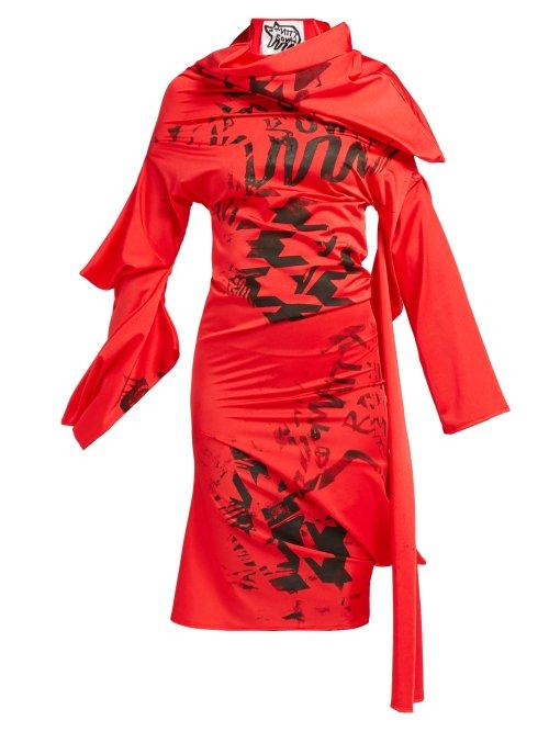 Matchesfashion.com Matty Bovan - Asymmetric Print Stretch Jersey Dress - Womens - Red Multi