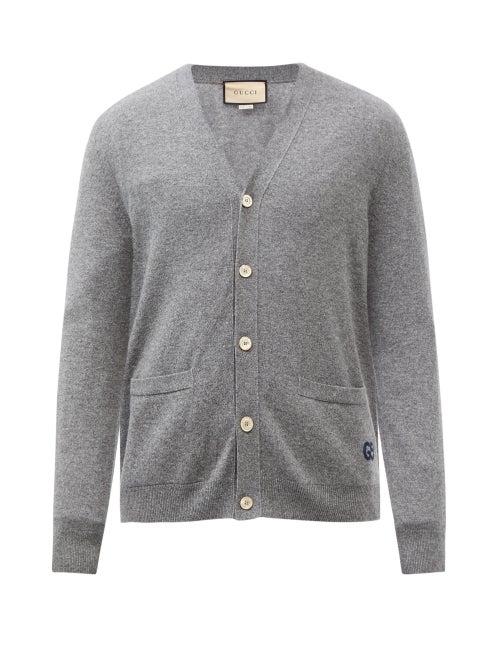 Gucci - Gg-embroidered Cashmere Cardigan - Mens - Dark Grey