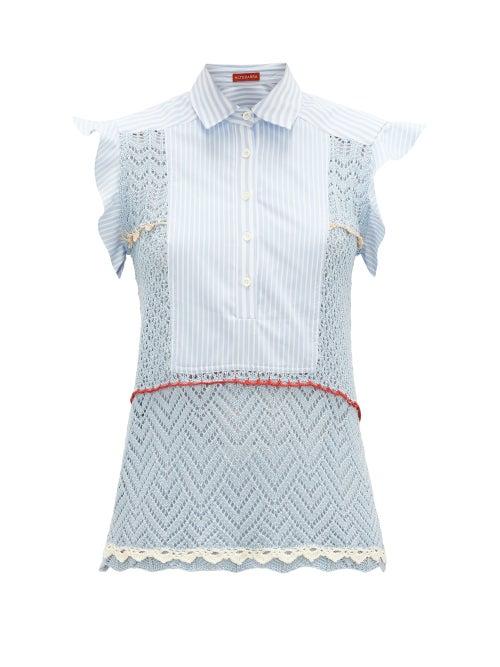 Matchesfashion.com Altuzarra - Batten Poplin-panel Cotton-crochet Top - Womens - Light Blue