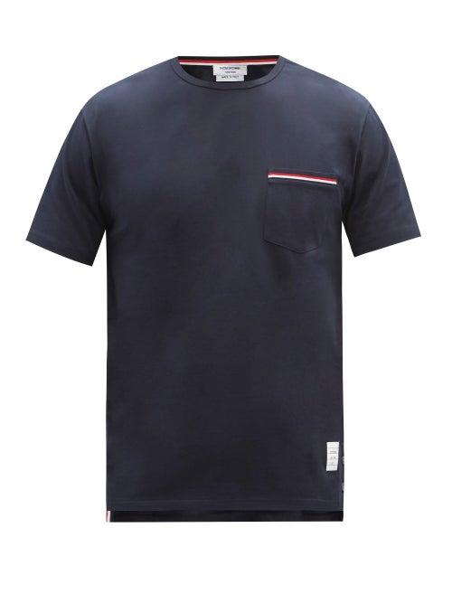 Mens Rtw Thom Browne - Tricolour-stripe Patch-pocket Cotton T-shirt - Mens - Navy