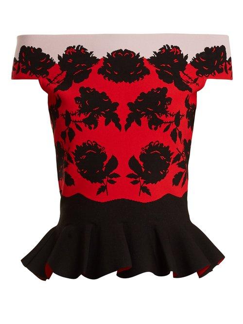Matchesfashion.com Alexander Mcqueen - Rose Intarsia Off The Shoulder Peplum Top - Womens - Red Multi
