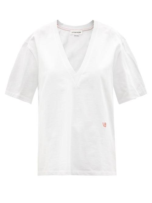 Matchesfashion.com Victoria Beckham - V-neck Logo-embroidered Cotton-jersey T-shirt - Womens - White