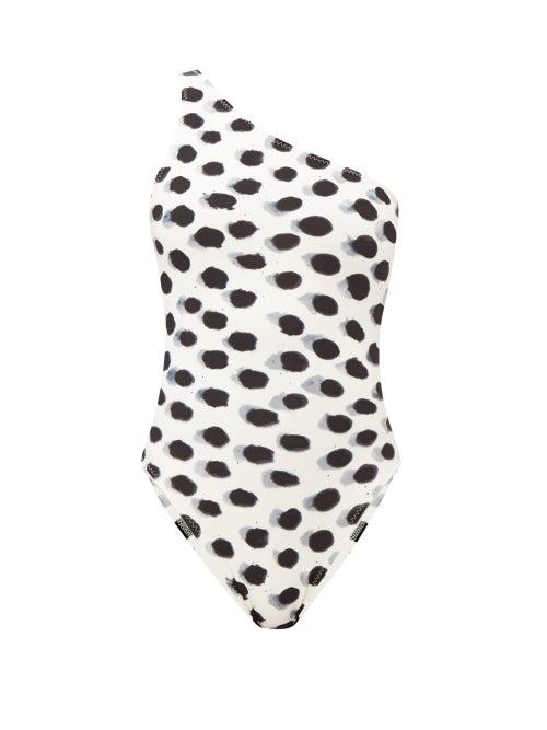 Matchesfashion.com Norma Kamali - Mio Dot Print One Shoulder Swimsuit - Womens - White Black
