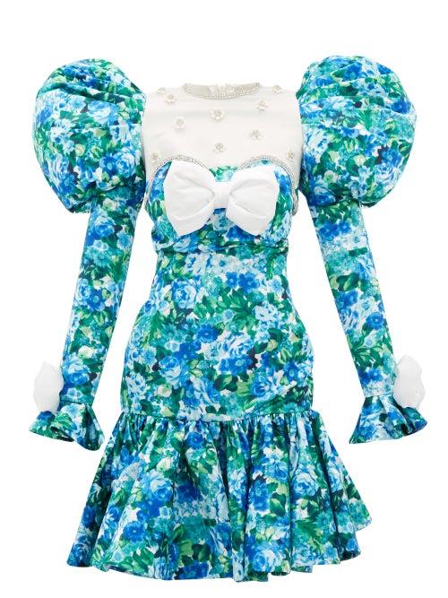 Matchesfashion.com Richard Quinn - Puff-shoulder Crystal-trim Floral-print Dress - Womens - Blue Print