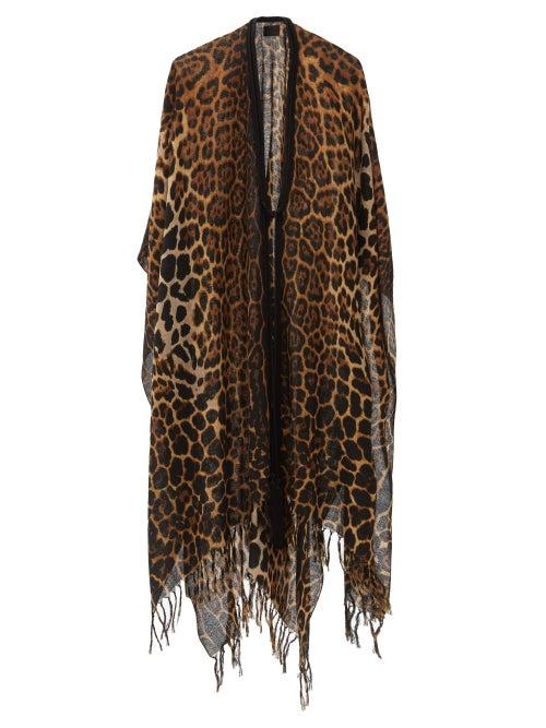 Ladies Accessories Saint Laurent - Leopard-print Fringed Wool Poncho - Womens - Leopard