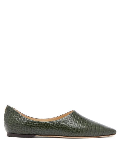 Matchesfashion.com Jimmy Choo - Joselyn Square-toe Crocodile-effect Leather Flats - Womens - Green