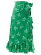 Ladies Beachwear Loretta Caponi - Lou Ruffled Floral-print Cotton-poplin Wrap Skirt - Womens - Dark Green