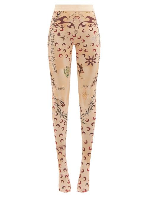 Marine Serre - High-rise Tattoo-print Jersey Leggings - Womens - Tan Multi