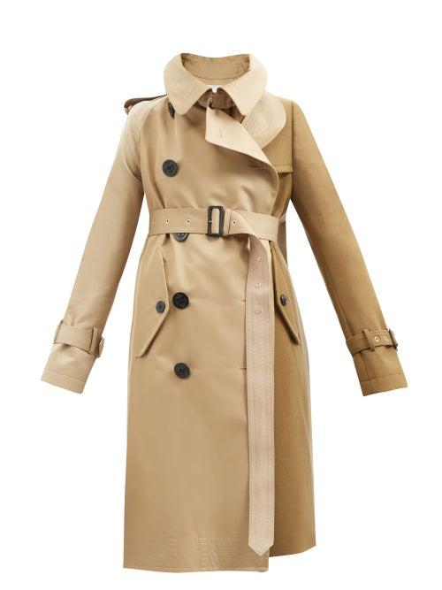 Sacai - Contrast Panel Cotton-blend Gabardine Trench Coat - Womens - Beige