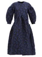 Matchesfashion.com Simone Rocha - Puff-sleeved Floral-cloqu Midi Dress - Womens - Navy Print