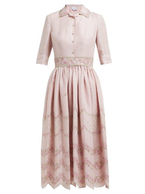 Matchesfashion.com Luisa Beccaria - Floral Embroidered Linen Blend Shirtdress - Womens - Pink Multi
