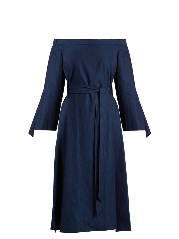 Tibi Off-the-shoulder Tie-cuff Denim Dress