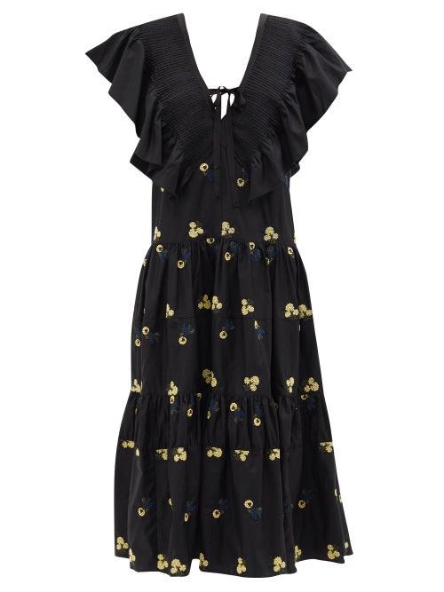 Ladies Rtw Lug Von Siga - Cora Ruffled Floral-embroidered Cotton Midi Dress - Womens - Black