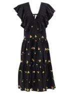 Ladies Rtw Lug Von Siga - Cora Ruffled Floral-embroidered Cotton Midi Dress - Womens - Black