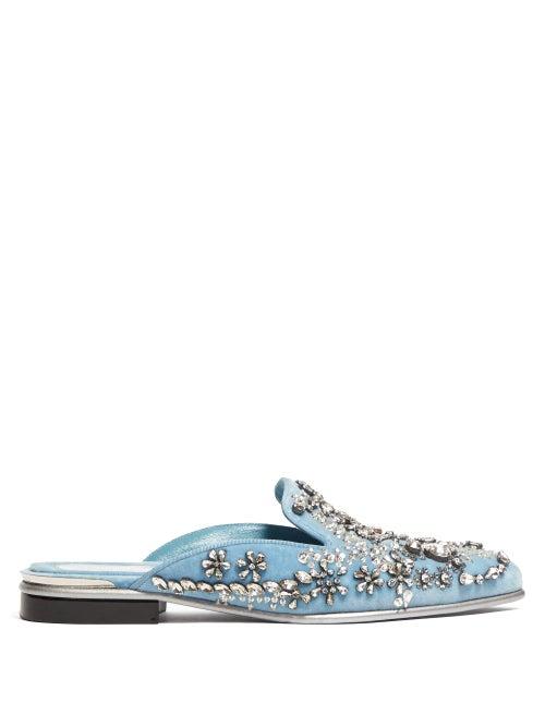 Matchesfashion.com Alexander Mcqueen - Crystal Embellished Velvet Backless Loafers - Womens - Light Blue