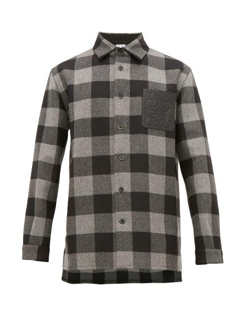 Matchesfashion.com Loewe - Leather Pocket Checked Wool Shirt - Mens - Grey Multi