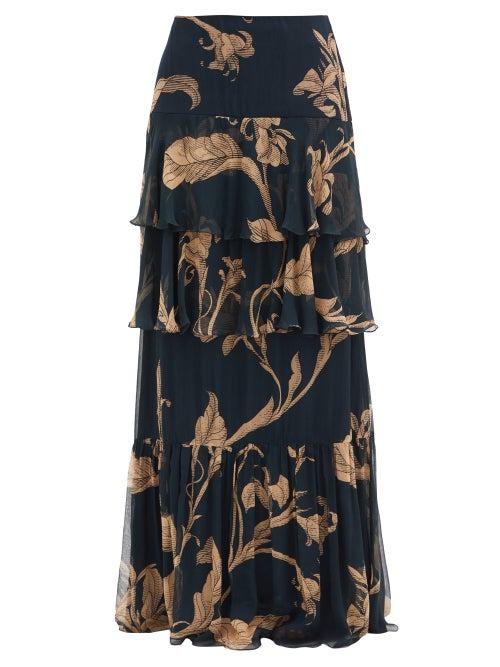 Matchesfashion.com Johanna Ortiz - Printmaker Floral-print Tiered Chiffon Skirt - Womens - Navy Print
