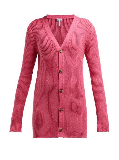 Matchesfashion.com Loewe - Long Line Ribbed Knit Wool Cardigan - Womens - Pink