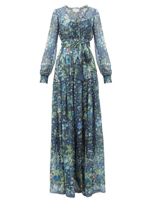 Matchesfashion.com Luisa Beccaria - Waist Tie Floral Print Silk Organdy Gown - Womens - Navy Multi