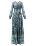 Matchesfashion.com Luisa Beccaria - Waist Tie Floral Print Silk Organdy Gown - Womens - Navy Multi