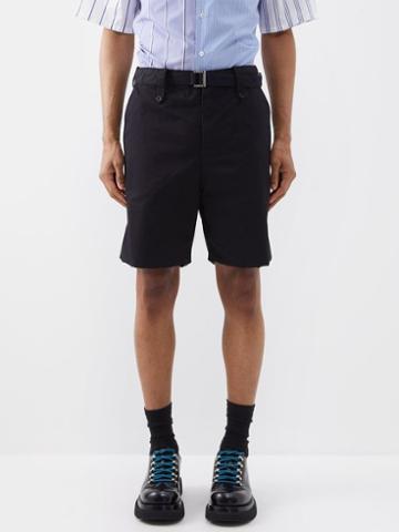 Sacai - Belted Overdyed Cotton Shorts - Mens - Dark Navy