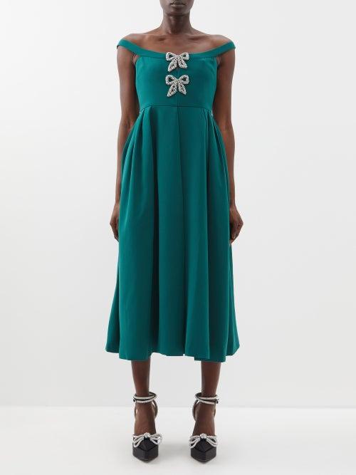 Self-portrait - Crystal-embellished Bow-tie Crepe Midi Dress - Womens - Dark Green