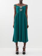 Self-portrait - Crystal-embellished Bow-tie Crepe Midi Dress - Womens - Dark Green