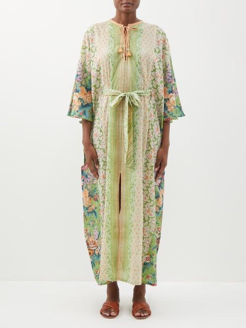 D'ascoli - Celeste Piedmont Floral Cotton-khadi Kaftan - Womens - Green Multi