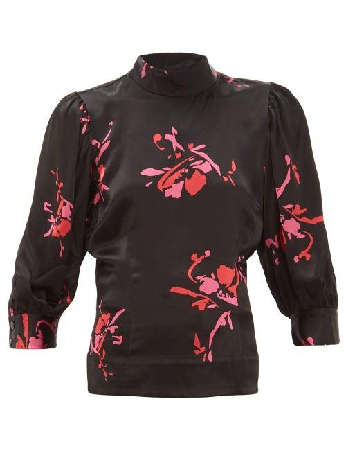Matchesfashion.com Ganni - Floral-print Satin High-neck Blouse - Womens - Black Multi