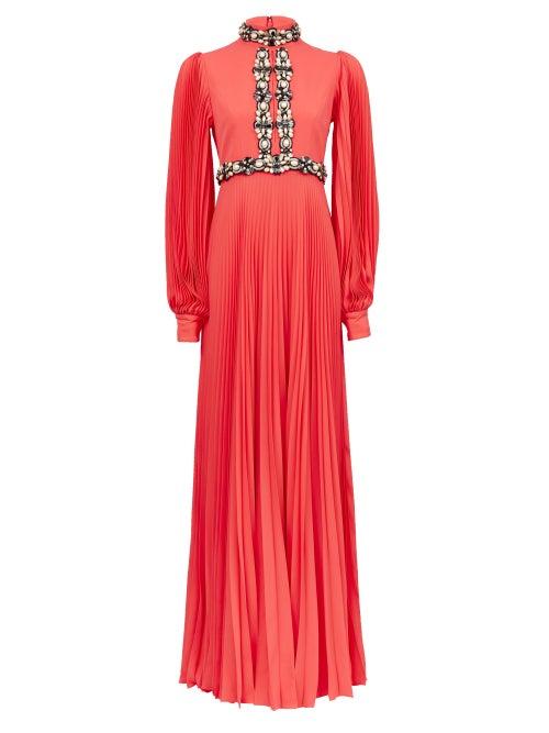 Matchesfashion.com Andrew Gn - Embellished Pliss-sleeve Silk-blend Gown - Womens - Coral