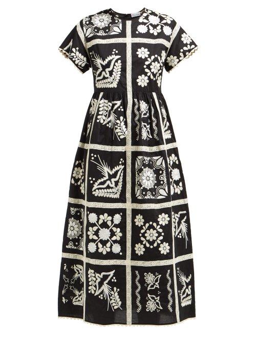Matchesfashion.com Redvalentino - Floral Embroidered Cotton Midi Dress - Womens - Black Multi