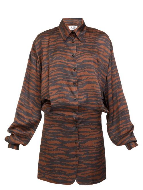 Matchesfashion.com The Attico - Tiger-print Satin Mini Shirt Dress - Womens - Brown